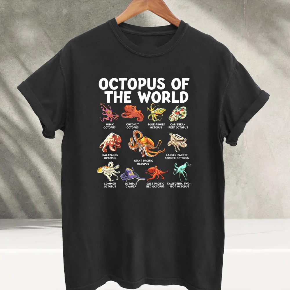 Octopus of The World Different Octopus Species Chart Graphic T‑Shirt Marine Biology Ocean Sea Creature Educational Cotton Tees