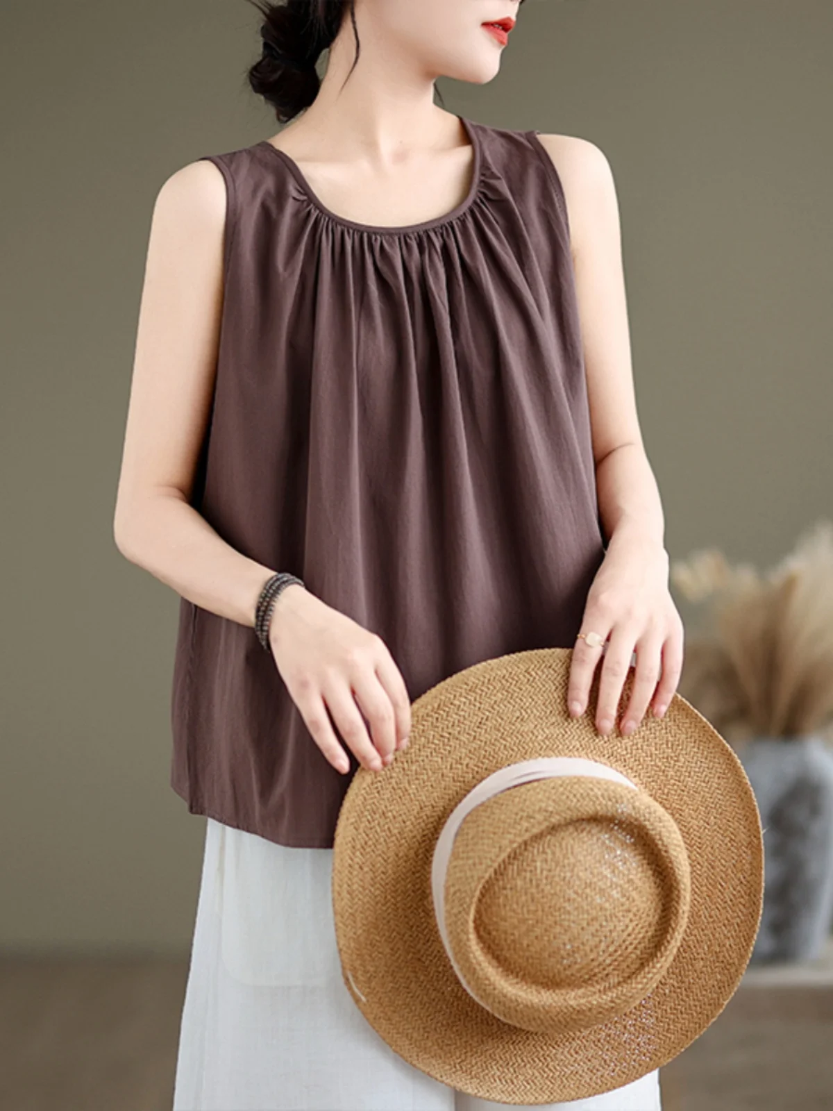 8266 Summer Fashion Korean Style O-neck Loose Tank Tops for Women Solid Color Simple Basic Soft Comfortable Retro Thin Waistcoat