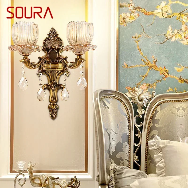 SOURA European Luxury Crystal Wall Lamp Retro Living Room Bedroom Bedside Lamp Background Wall Corridor Villa Hotel Lighting