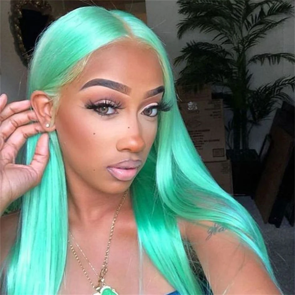 13x4 Mint Green Straight Lace Front Wigs Human Hair 30 34 Inch Colored Human Hair Wigs For Women Pre Plucked Brazilian Ponytail