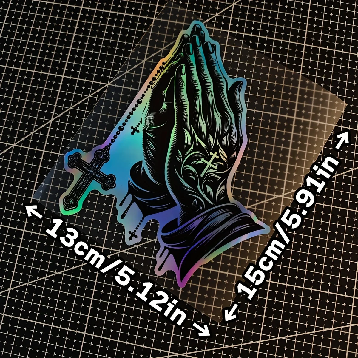 1pc holográfico "manos orando e cruz" adesivo para carro motocicleta temático religioso decoração estilo acessório