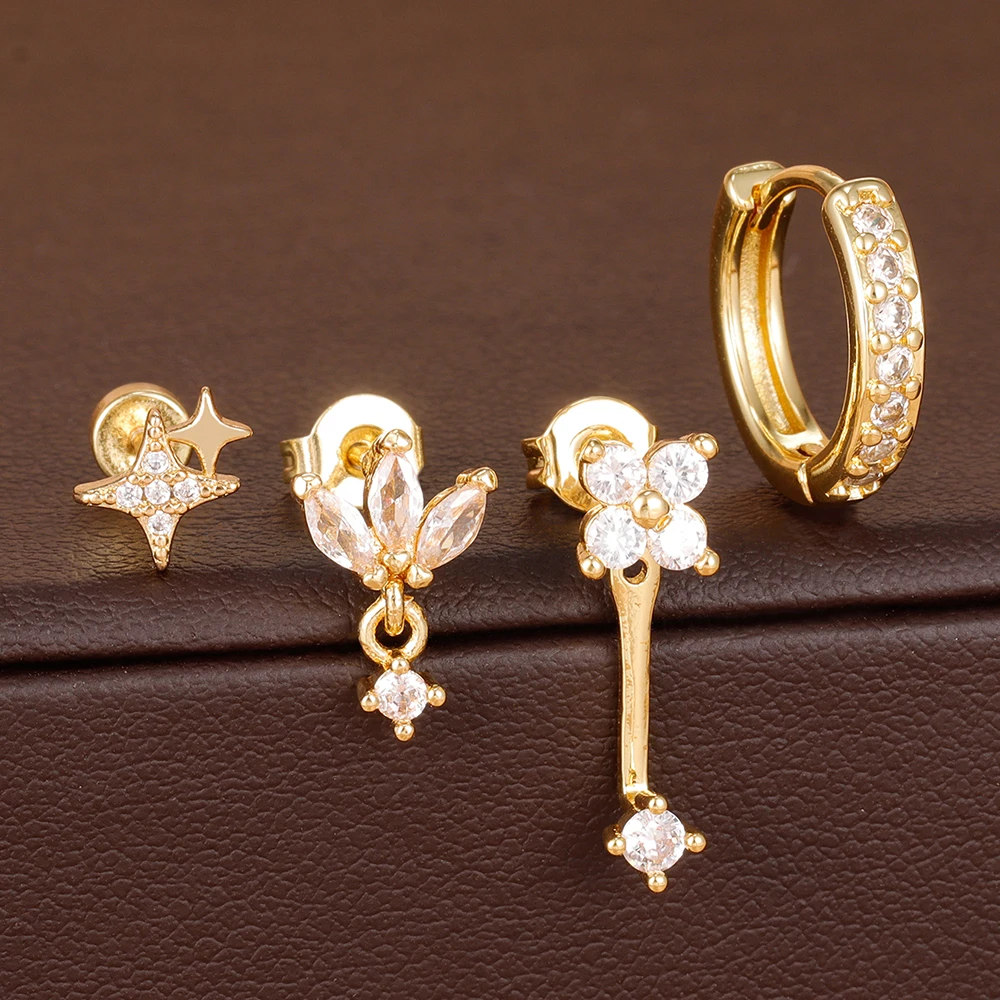4PCS Fashion Stainless Steel Zircon Star Ear Studs Set For Women 14K Gold Plated Geometry Hoop Earring Aesthetic Jewelry Aretes