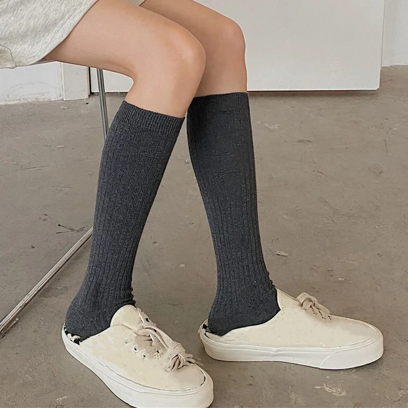 Ladies Girls Fashion Solid Knee Socks Women Knitting Cotton Long Socks Autumn Winter Warm Thigh High White Black Stockings