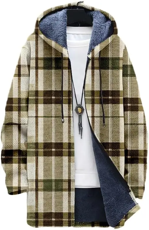 سترة رجالية منقوشة كبيرة الحجم بغطاء للرأس مبطنة بالصوف وسحاب شيربا معاطف شتوية مريحة مع جيوب