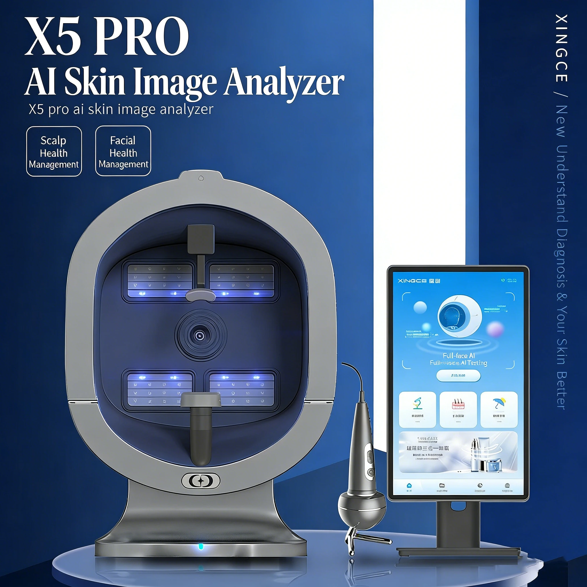 X5 Pro-AI Skin Image Analyzer Full Body Multispectral Scanning Scalp Analyzer Multi-Language 15.6 Inch