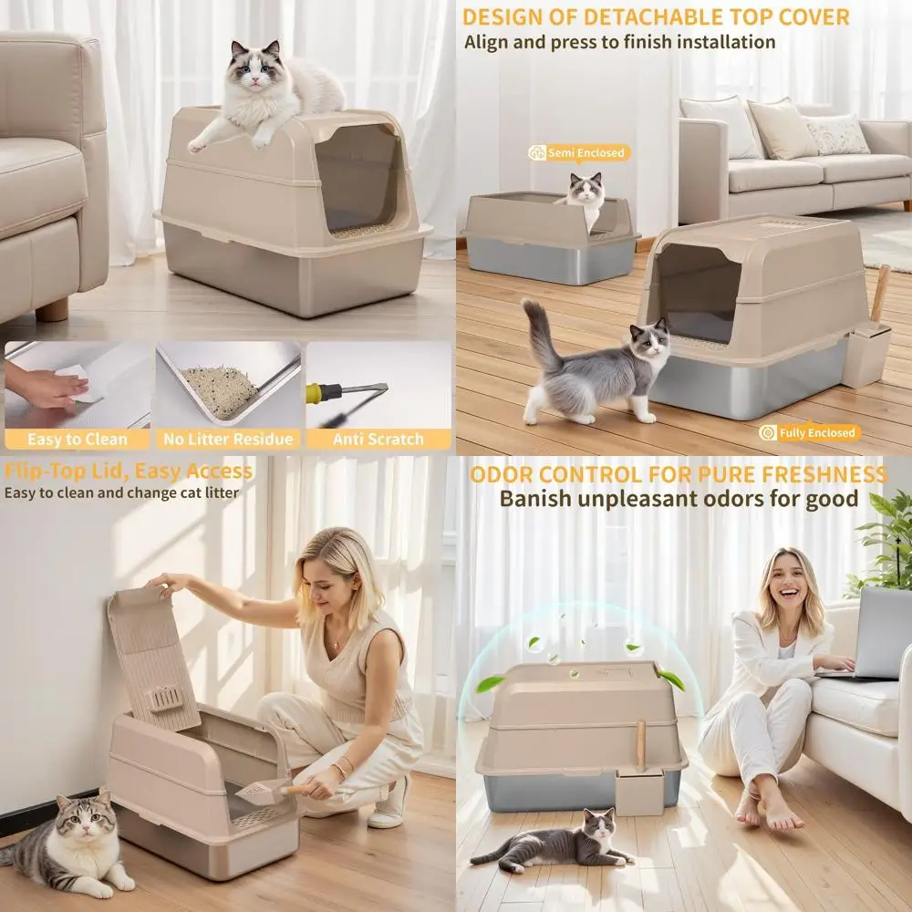 

Очень большой закрытый металлический лоток для кошек с высокими бортиками, крышкой и совком, с защитой от запаха, легко чистится, цвет хаки