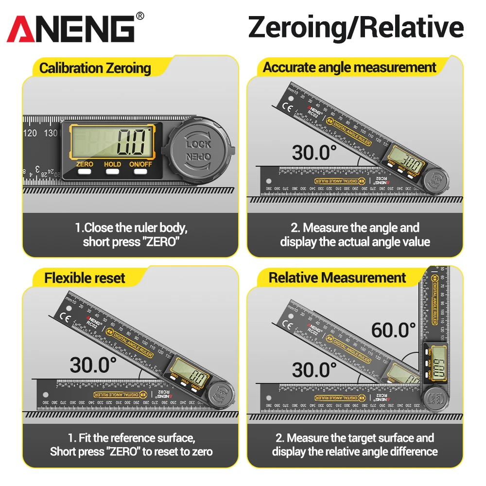 ANENG RC02 Digital Protractor Angle Ruler 360° Goniometer Metric Imperial Scale Rechargeable Woodworking Angle Measuring Tool