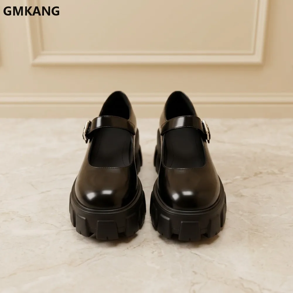 GMKANG Mary Jane Shoes Round Toe Adjustable Buckle Strap Platform Thick Sole Patent Leather Casual Street Fashion