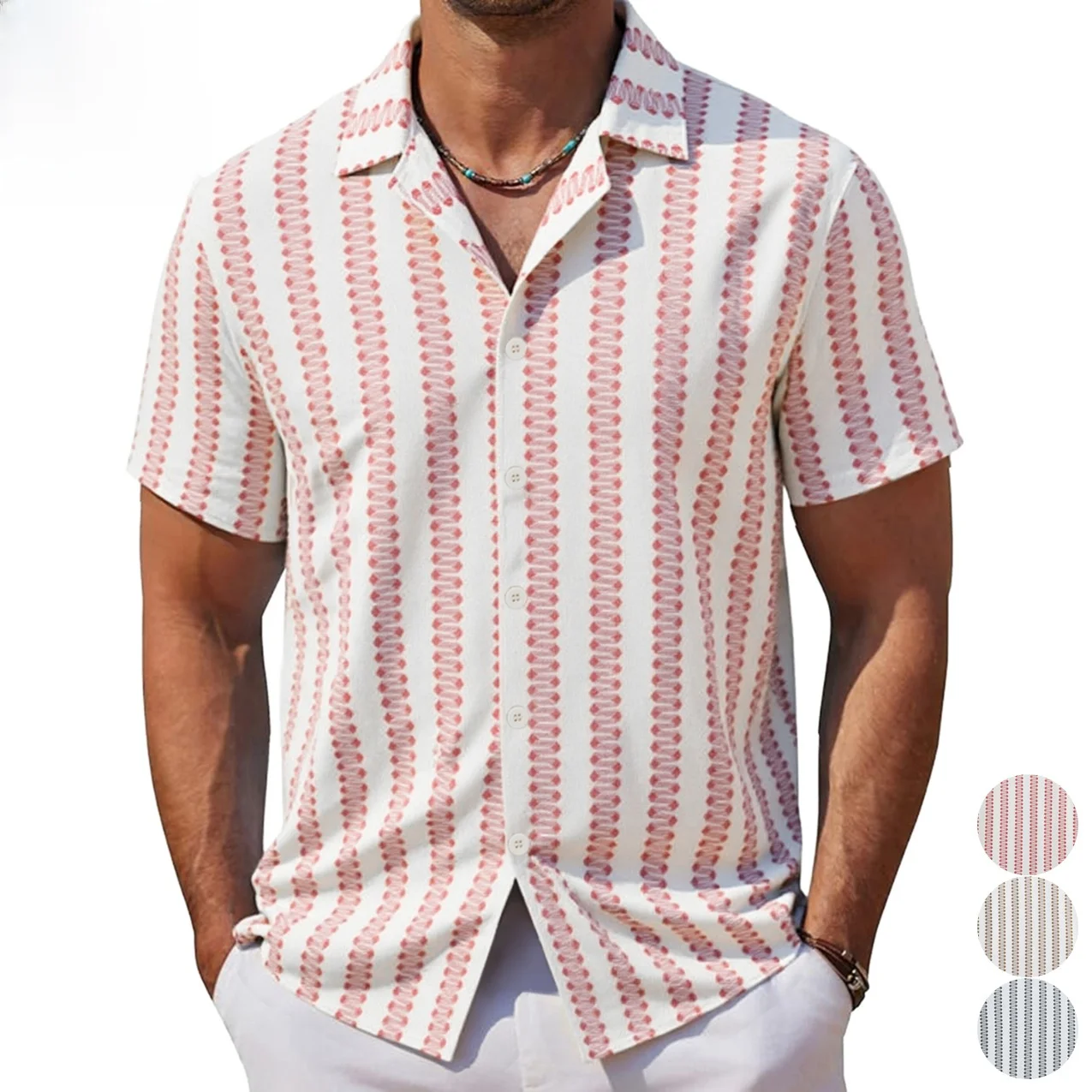 

Men's Casual Stripe Shirt Cuba Collar Beach Style Short Sleeve Loose Fit Polyester Fabric Street Style Open Cardigan