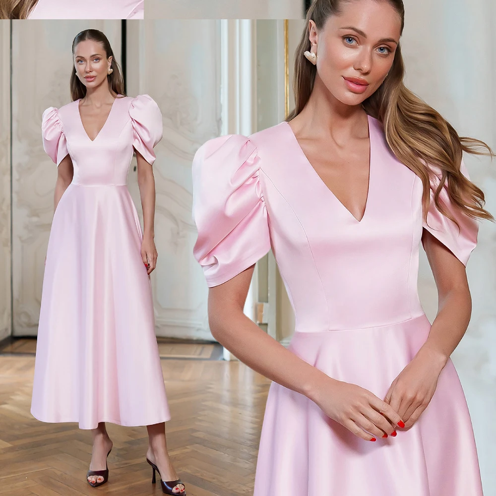

Customized Simple V-neck Satin Evening Dress Short Sleeves Draped A-line Party Dress Tea-Length Prom Gown For Women