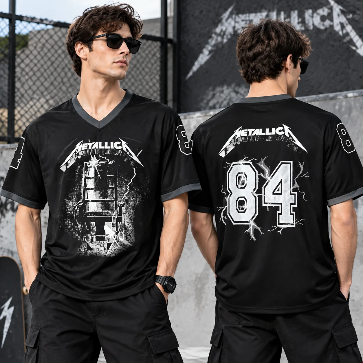 3D Printing Rock - メタリカ 1984 レトロフットボールジャージ 3D Tシャツ ロックバンド