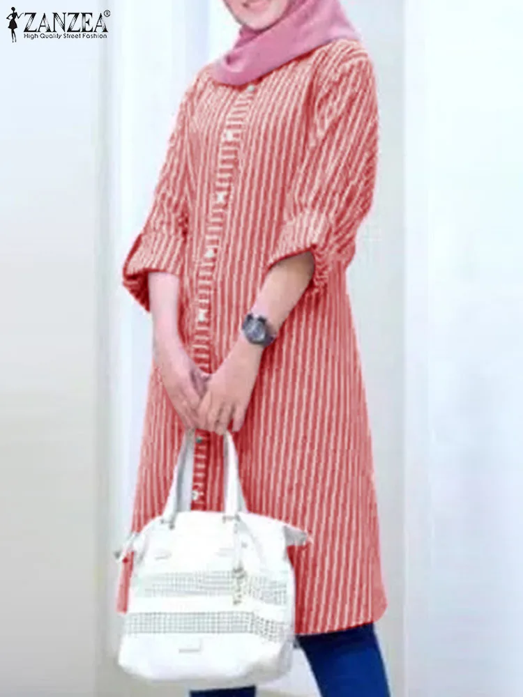 

2024 ZANZEA Fashion Spring Muslim Shirt Casual Buttons Down Dubai Turkey Blusas Loose Long Tops Women Long Sleeve Striped Blouse
