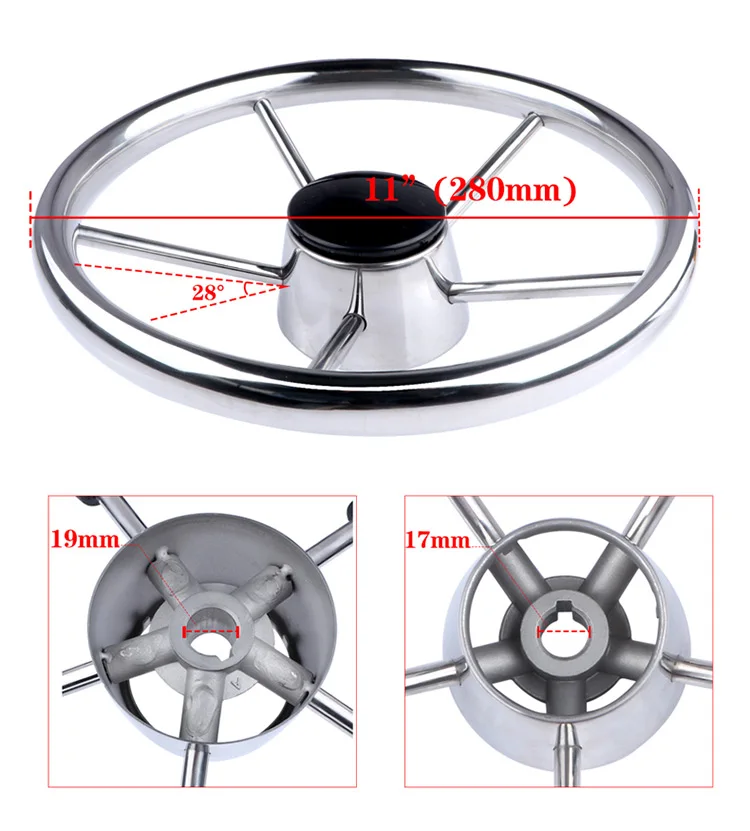 Boat Accessories Marine 11'' Boat Stainless Steel 5 Spokes Steering Wheel 280mm Dia for Marine Yacht