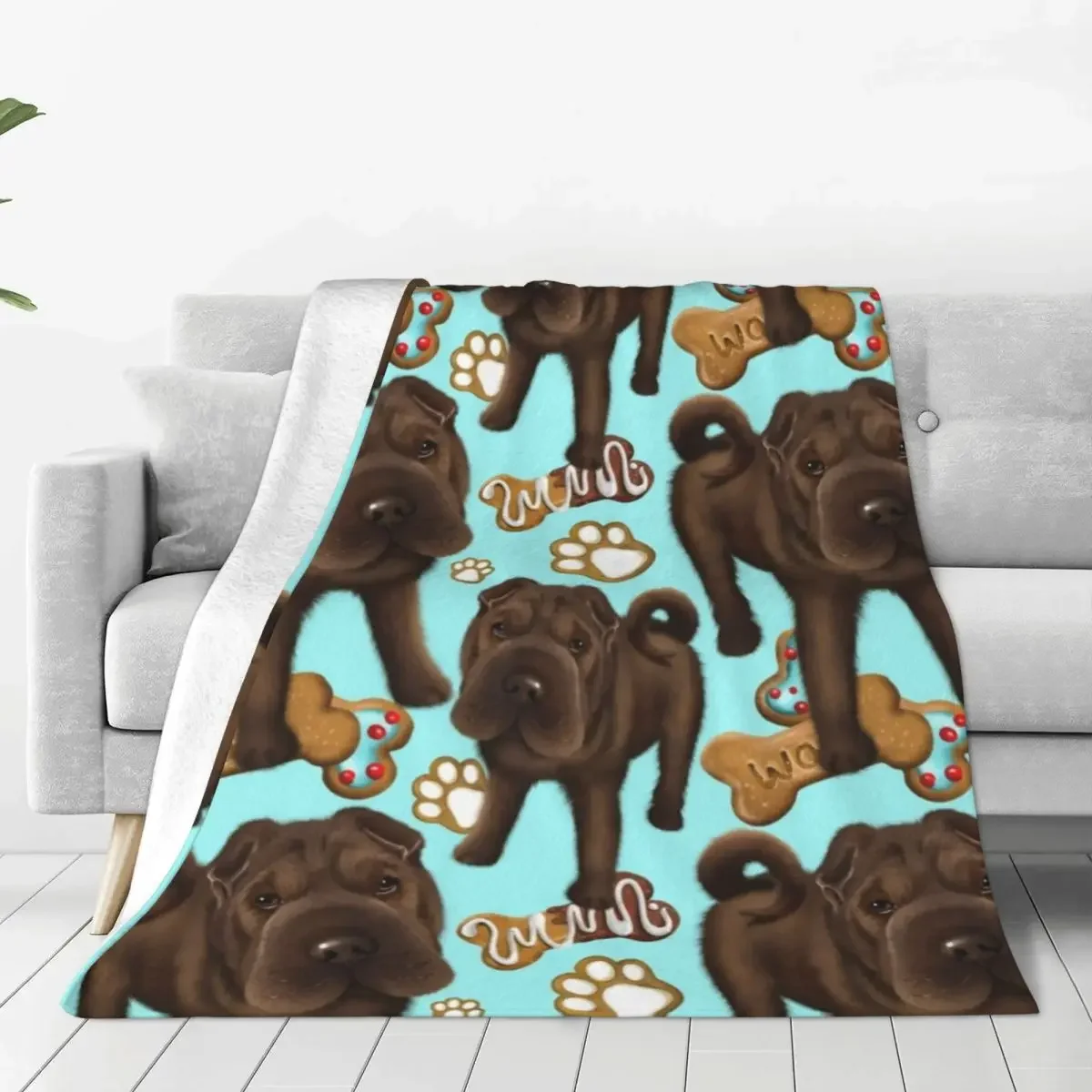 Shar Pei Blue Biscuits Flannel Blankets Quality Soft Durable Funny Dog Throw Blanket Winter Camping Bed Aesthetic Bedspread