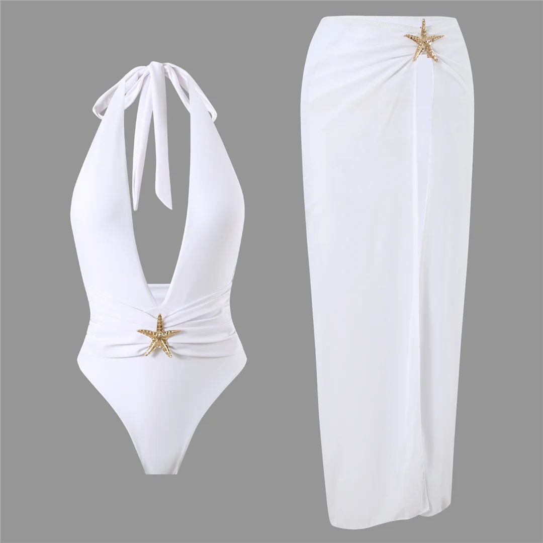 Sexy mit Rock, tiefem V-Ausschnitt, Metallstern, Damen-Badeanzug, einteiliger Badeanzug, rückenfreier Monokini, Badebekleidung, Badeanzug, Modell V6816. – Detail 26