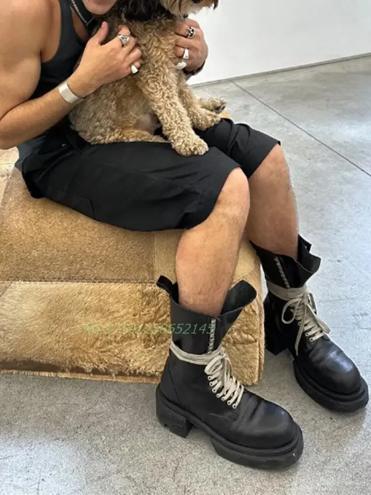 

Lace-up Motorcycle Boots Big Round Toe Chunky Thick Mid-Calf Spring Winter New Arrival Women's Shoes Fashion Street Solid