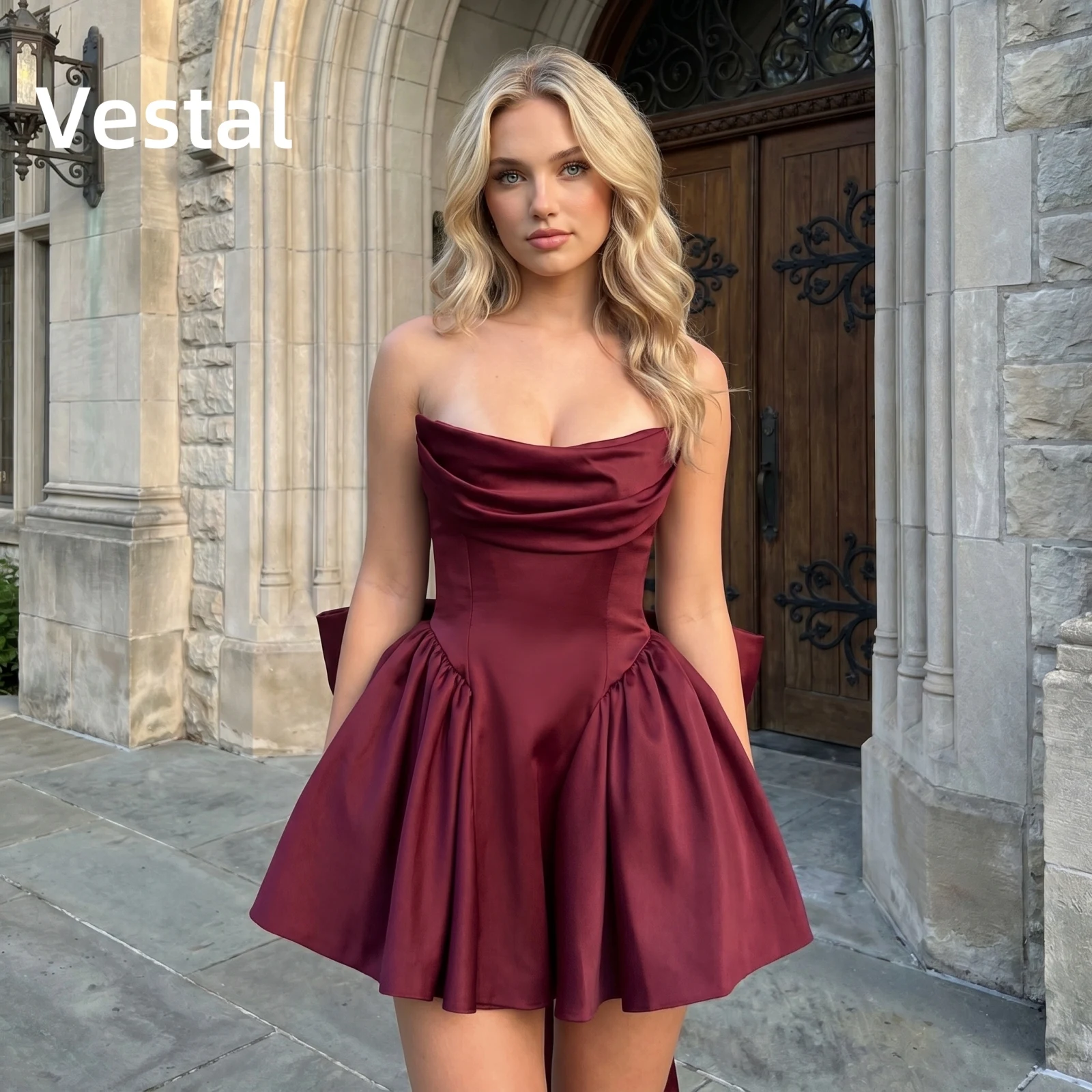

Burgundy Strapless Satin Homecoming Dress Bow Back A Line Mini Prom Birthday Party Gown Cocktail Customized