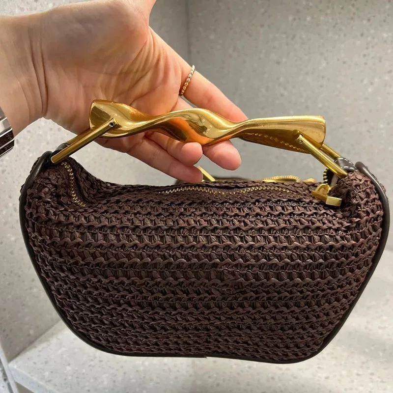 

Stylish Gold Metal Handle Woven Handbag Luxury Women's 2025 New Brand Straw Pu Leather Material Chain Shoulder Bag Crossbody Bag