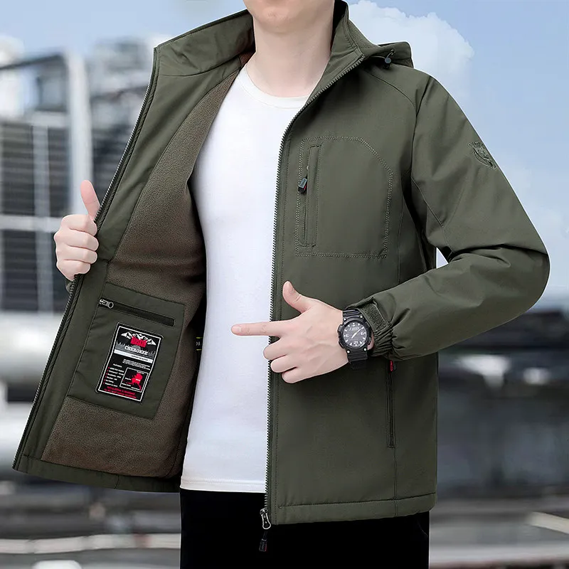 

Men's Winter Thiened Fce Jaet Outdoor Windproof Large Size Cotton Coat with Multiple kets Men's Casual Long Sve ...