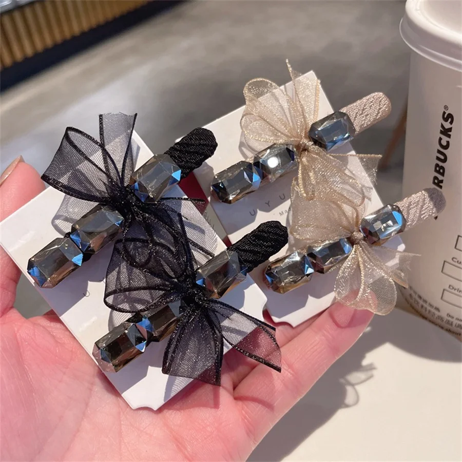 Fashion Xiaojuan yarn bow crystal duckbill clip one-word clip simple style bangs clip side clip new hairpin hair accessories