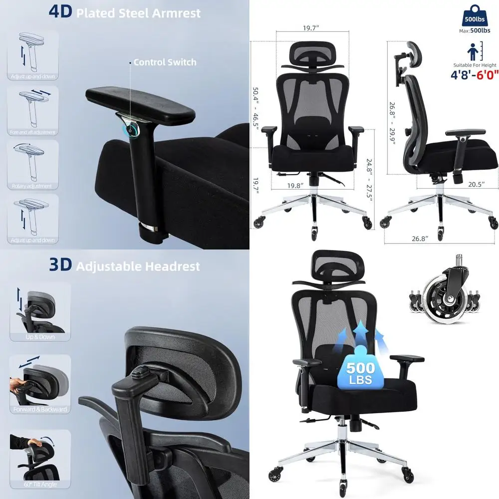 

Эргономичное офисное кресло повышенной прочности с сетчатой спинкой для пользователей весом до 227 кг, с широкой сидушкой, 4D-подлокотниками, регулируемым подголовником и поясничной опорой