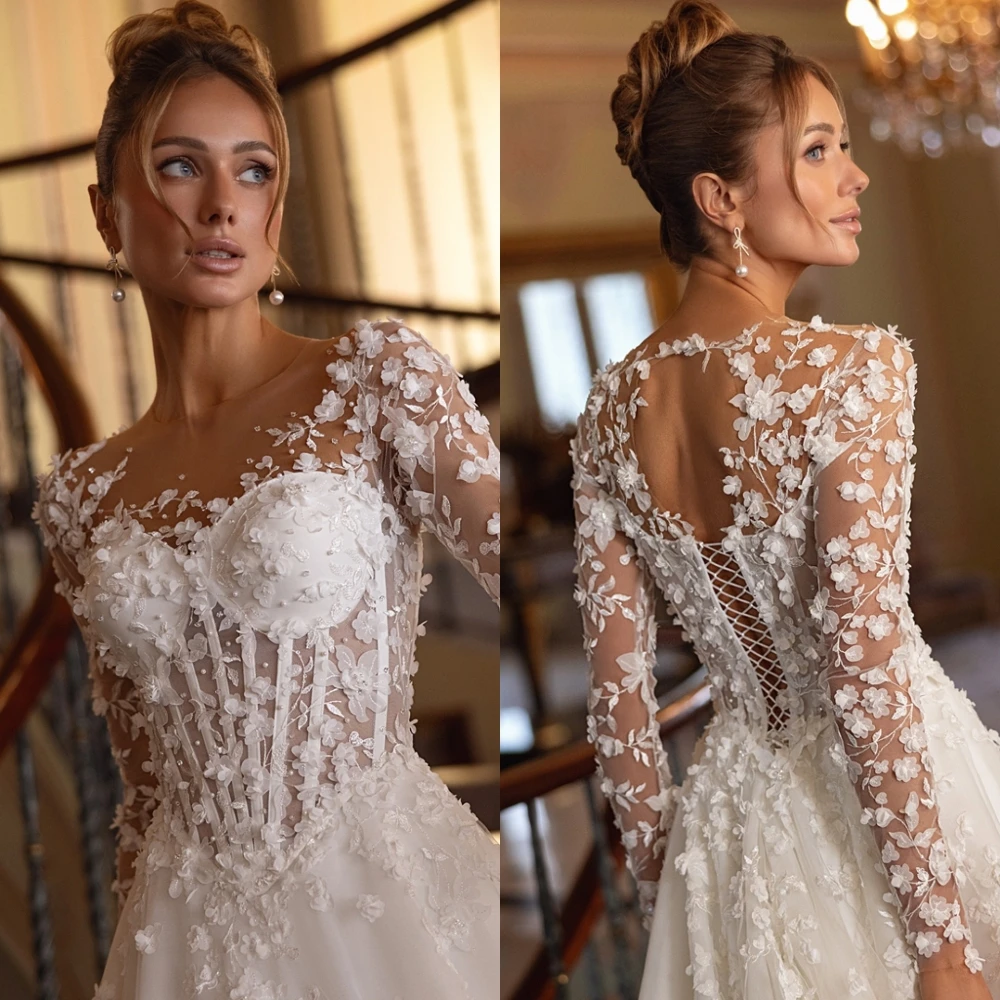 Aangepaste romantische parels en applicaties bruidsjurken witte tule lange mouwen trouwjurk eenvoudige o-hals a-lijn robe de mariée