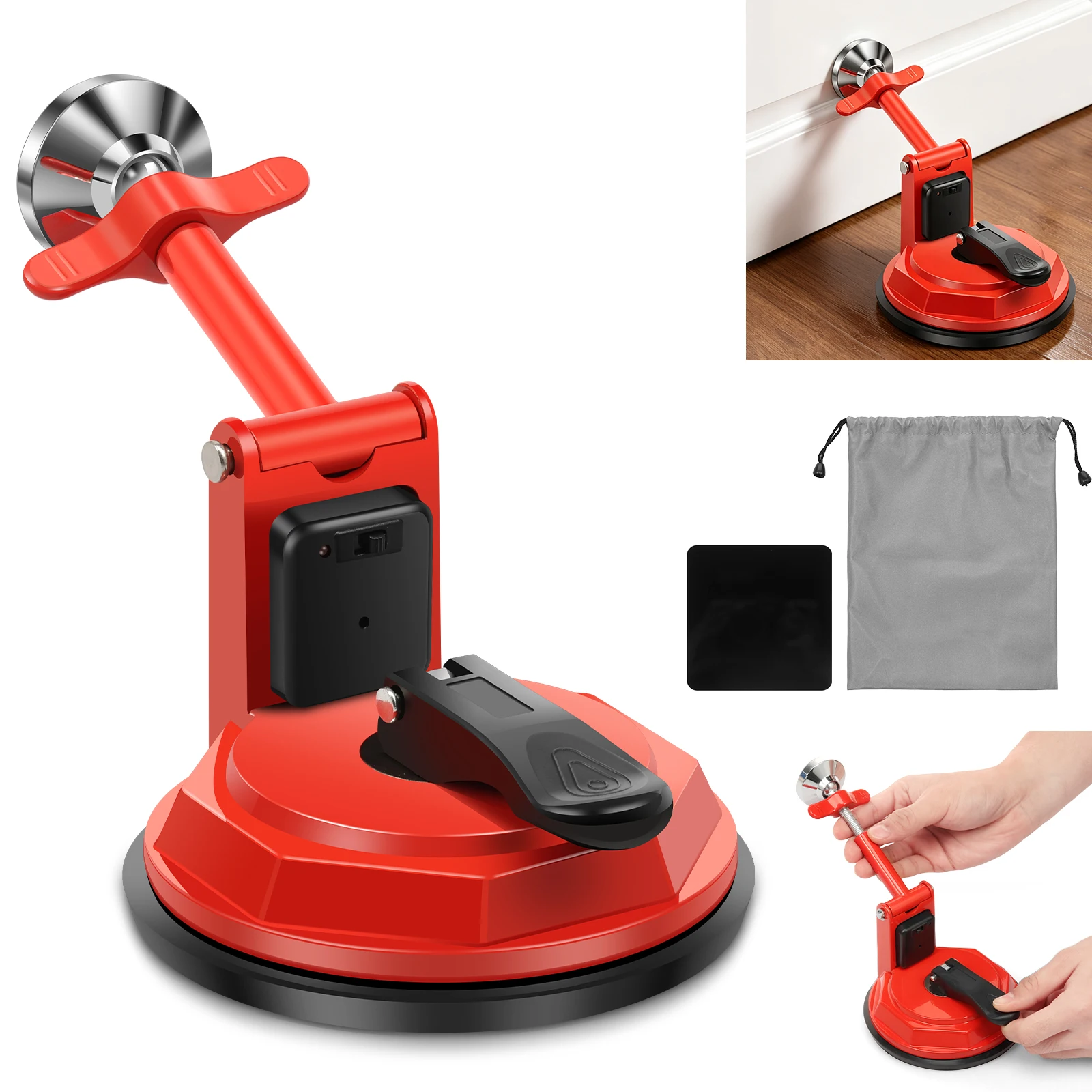 Portable Door Stopper with 80dB Security Alarm Adjustable Suction Cup Floor Wedge No Drill Block for Travel Hotel Apartment Home