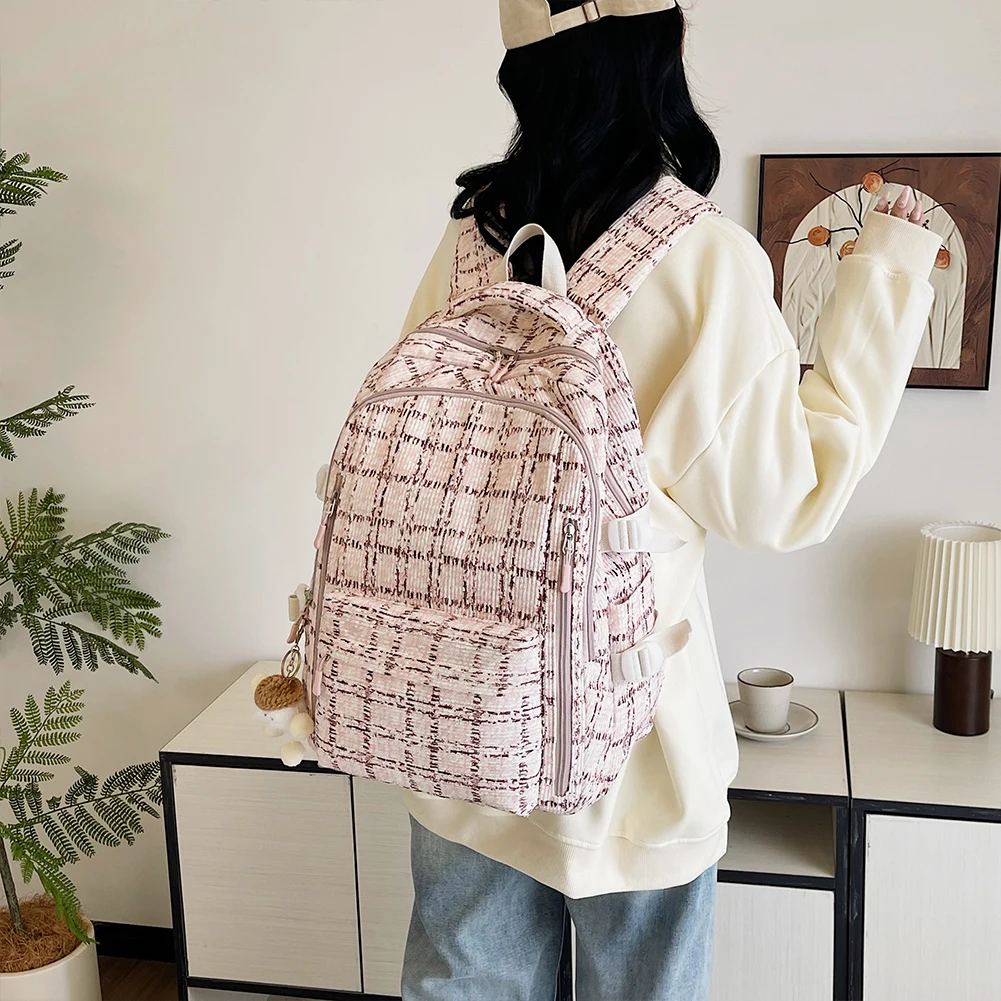 Women Travel Laptop Backpack with Pendant Corduroy Kawaii Casual Backpack Multi-Pockets Students Daily Backpack