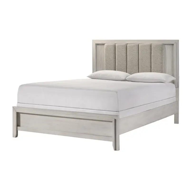 Queen Size Bed in Mist White Finish with Sleek Linear Design and Plush Upholstered Headboard - Framed Wood Bedroom Furniture