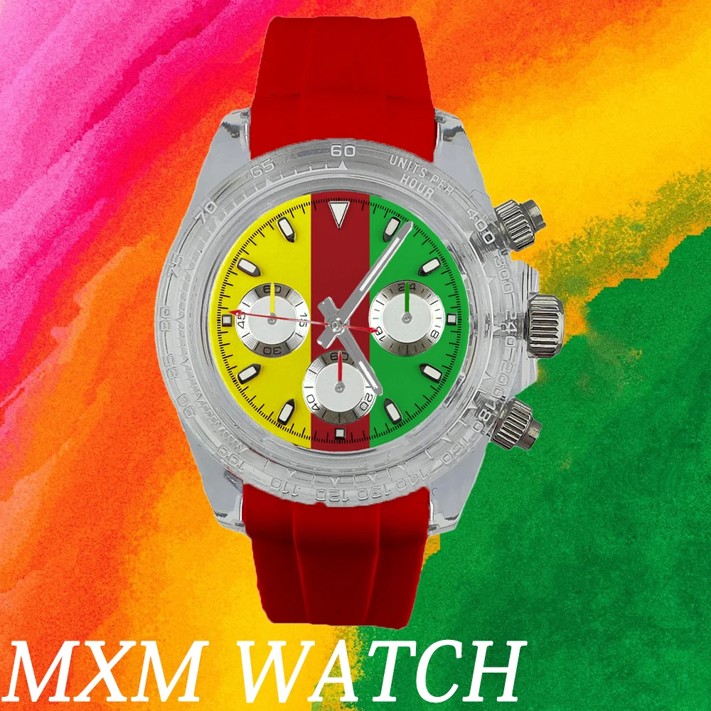 Cronografo da uomo VK63 da 39,3 mm, nuovo orologio modificato, cassa in plastica trasparente, cronografo VK63, orologio di lusso in vetro, bracciale in gomma