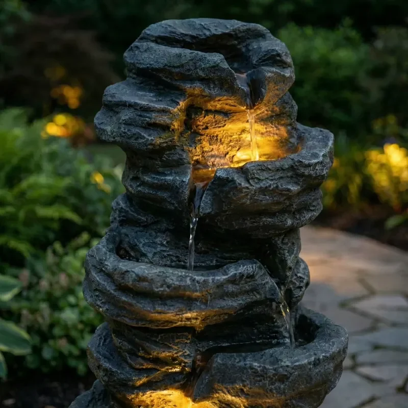 6-Tier Artificial Outdoor Cascading Resin Water Fountain with LED Display Screen Freestanding Garden Patio Yard Deck Decor