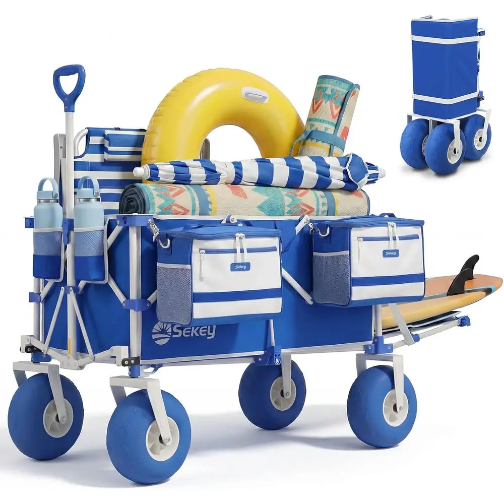 Heavy Duty Beach Wagon with 9" Big Sand-Proo Wheels, 300L Oversized oldable Beach Cart with Cooler| Adjustable Handle & Balloon