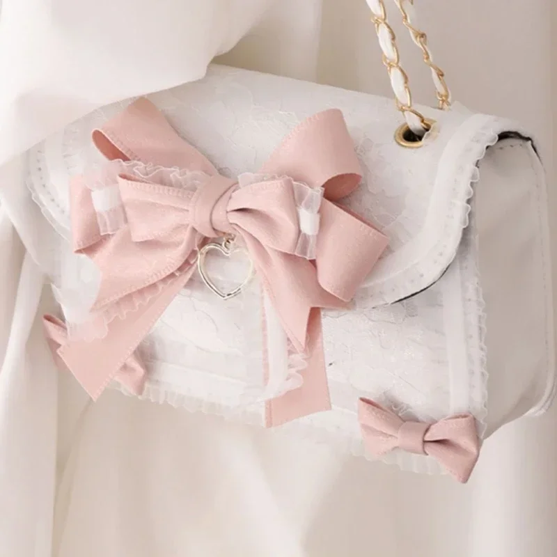 MBTI Lolita Bow Lace Shoulder Bag for Girl Pearl Jk Kawaii 2023 New Trend Purse Japan Style Gentle Female Designer Crossbody Bag