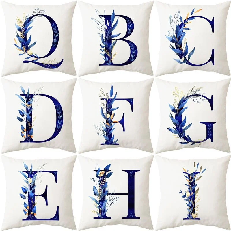 45x45cm Blue Alphabet Cushion Cover Flower Letter Pillow Cases Plant Tree Peachskin Car Sofa Bedroom Home Decoration Pillowcase