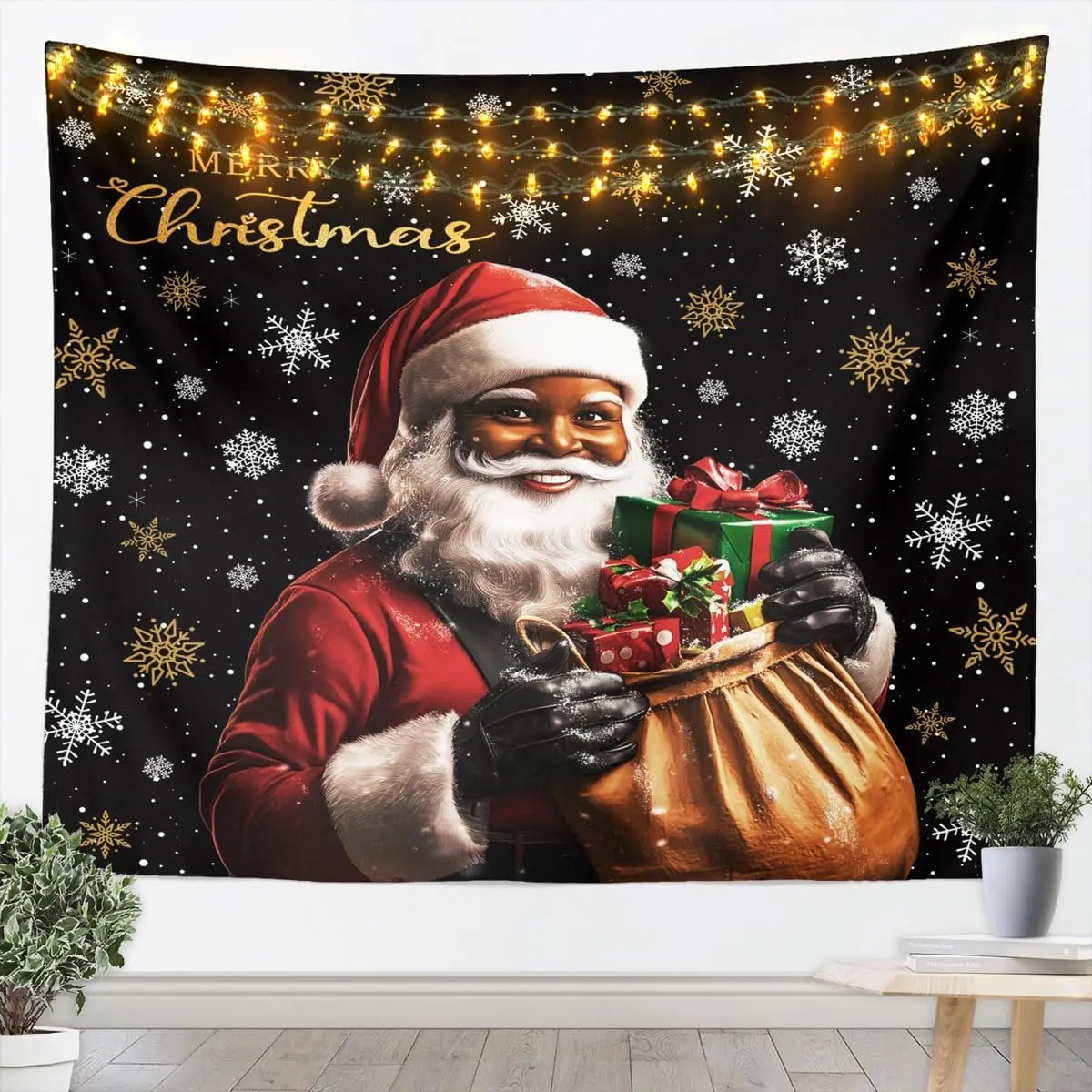 Christmas Tapestry Black Santa Claus Wall Art Xmas Gifts Wall Hanging Blanket for Living Room Bedroom African American Man Home