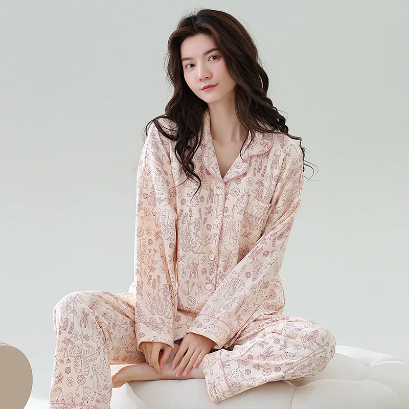 2Pcs/set Pajamas Women Spring and Autumn Cotton Long sleeve Trousers Casual Pijamas Korean Sle Student Cute Homewear Set