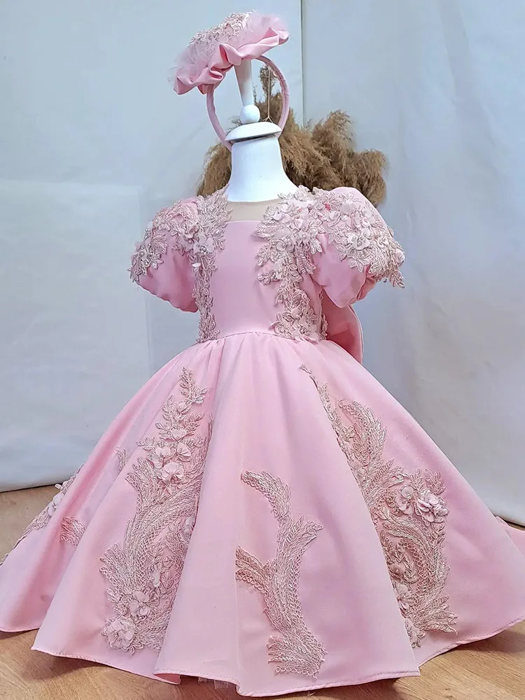 Girls Dress Pink Embroidery PrincessTailed gown Birthday Party Children Lace Pearl Ball Gown Big bow Sequinde Evening Dresses