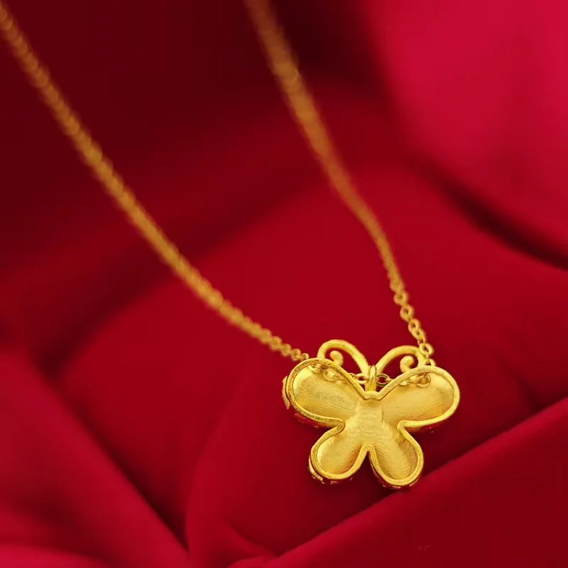 

9999 Real Gold 24K Japan Korea Fashion Women's Butterfly Pendant Collarbone Necklace Gold Women's O-shaped Necklace New Product.