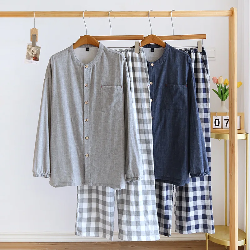 Autumn Men\'s Double-layer Cotton Yarn Homewear Solid Long-sleeved Thin Pajamas O-Neck Plaid Elastic Waist Trousers Sleepwear