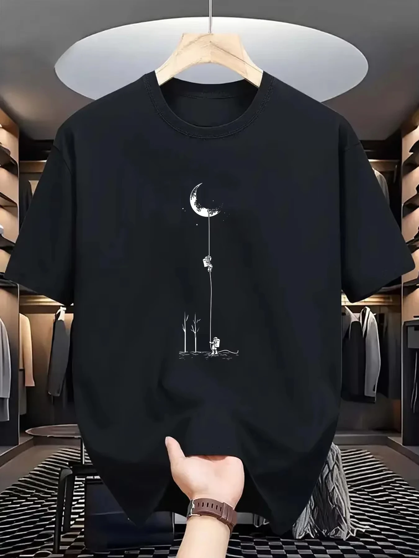 

2026 весна лето лето мужская повседневная футболка из чистого хлопка с принтом луны и круглым вырезом с короткими рукавами