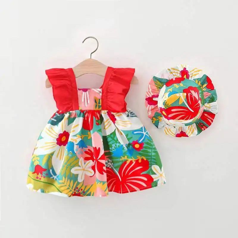 Pcs/SetGirl's dress European and American style large flower sleeveless suspenderskirt with lace up floral fabric skirt with hat