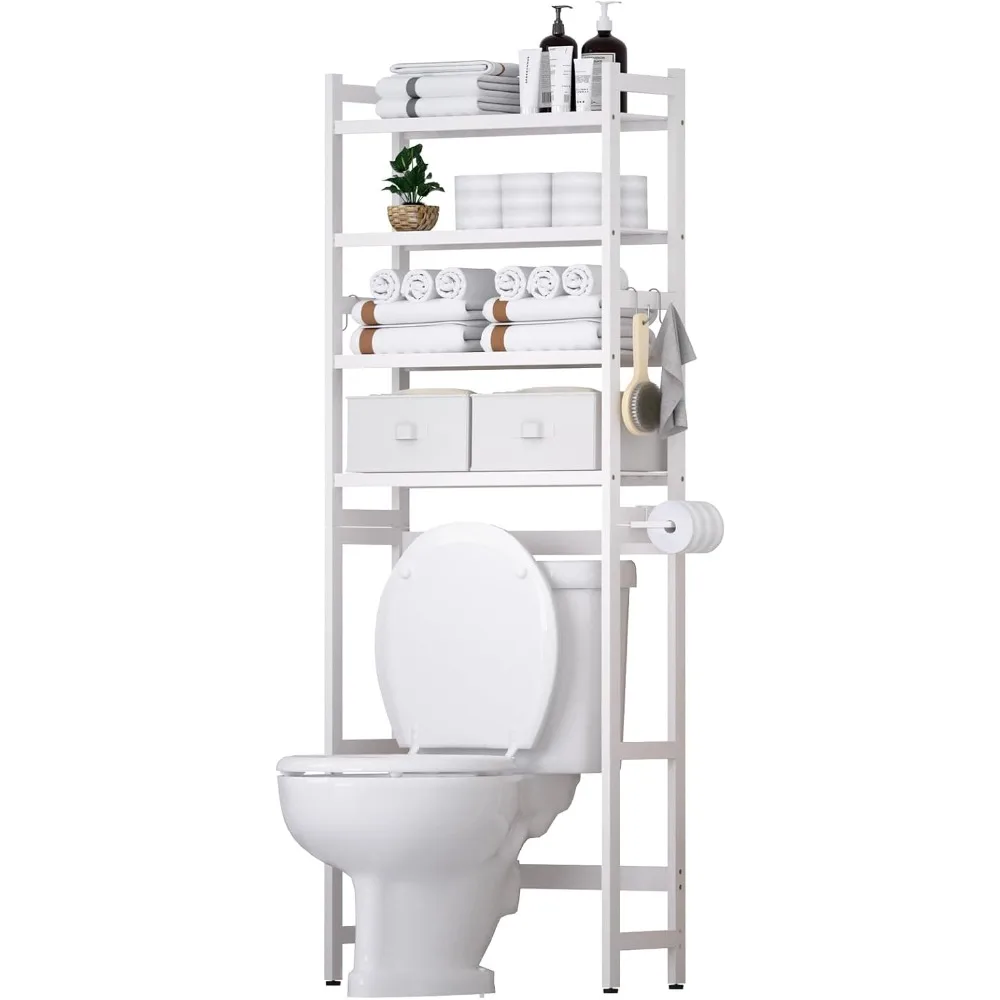 

Over The Toilet Storage with 2 Baskets, 4-Tier Bamboo Organizer Rack with Paper Holder & 4 Hooks & Waterproof Feet Pad,Freestand
