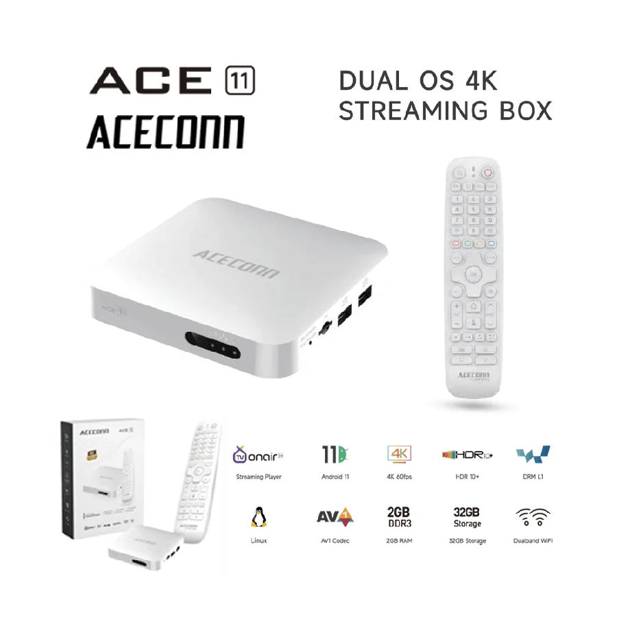ACECONN ACE11 Iptv تسجيل صندوق التلفزيون عبر الإنترنت صندوق البث 2G 32GB Dualband WiFi LAN Port BT مفاتيح التعلم التلقائي الإضاءة الخلفية عن بعد