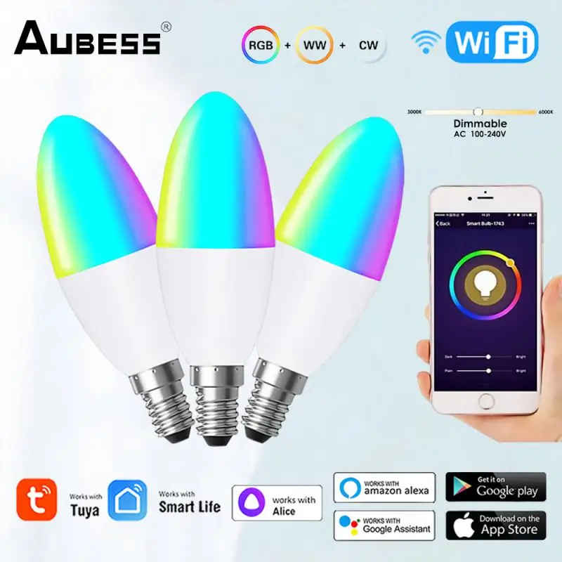 Tuya E14 Smart WIFI Led Light Bulb APP Control RGBCW Dimmable Candle Lamps Works With Alexa Google Home Bluetooth Yandex Alice