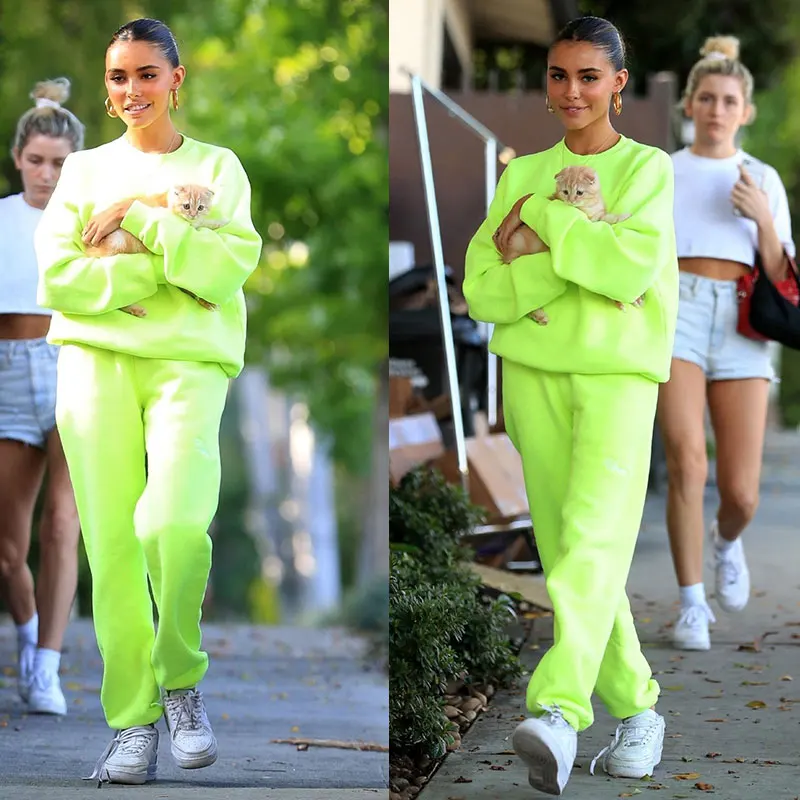 

Fluorescent Green Long Sleeve Hoodie Loose Fit Overhead Elastic Ankle Trendy New Eye-catching Supermodel Cotton Blend Autumn ...