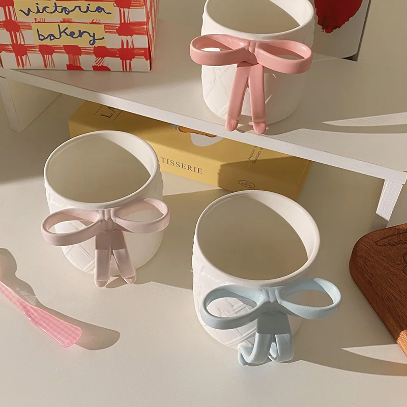 Bow Handle Mug Creative Ceramic Water Cup Breakfast Milk Cup Office Afternoon Tea Latte Coffee Cup Drinking Utensils