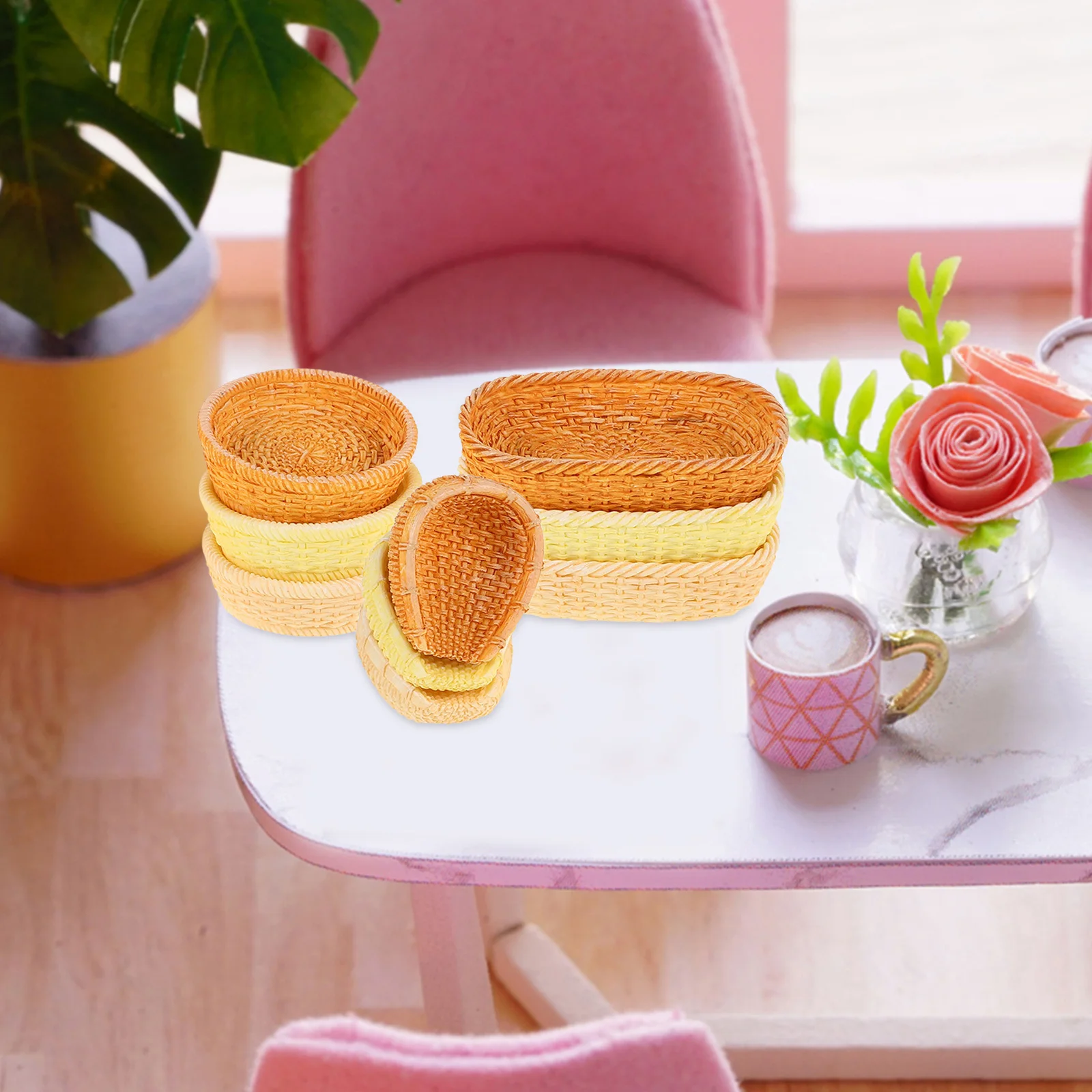 9 قطعة سلال منسوجة مصغرة دمية الروطان مجموعة Diy بها بنفسك المناظر الطبيعية الحرفية ديكور الجنية سلة Playset نزهة الخبز الصغيرة