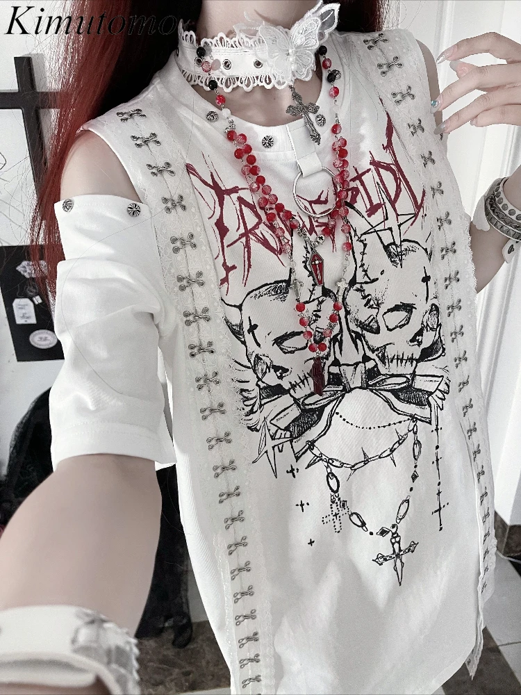 

Kimutomo женские футболки в стиле панк с принтом черепов с короткими рукавами и открытыми плечами, свободные милые сексуальные топы Y2k в стиле Харадзюку, женские готические топы