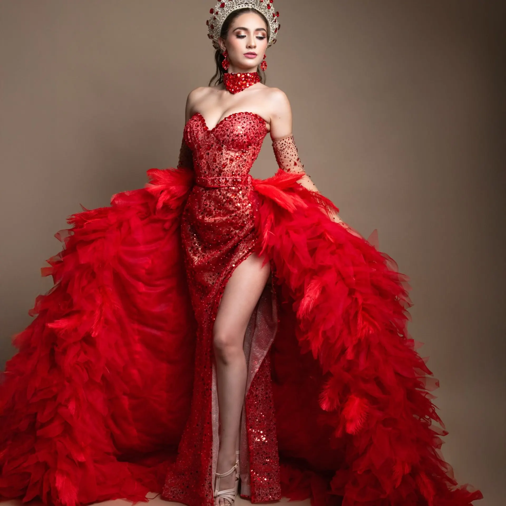 

Красная съемная бальная юбка из тюля и перьев со шлейфом, объемная юбка для свадьбы, выпускного вечера, вечеринки, индивидуальная сценическая юбка