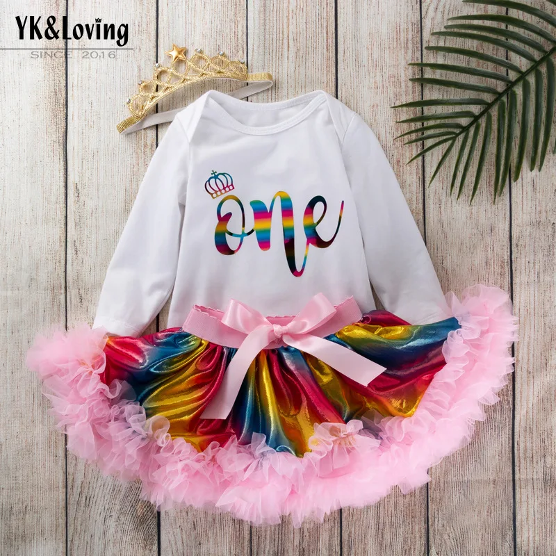 

0-21-year-old Baby Birthday Outfit Infant Long Sleeve Letter Romper Rainbow Dress Princess Dress Set Wholesale